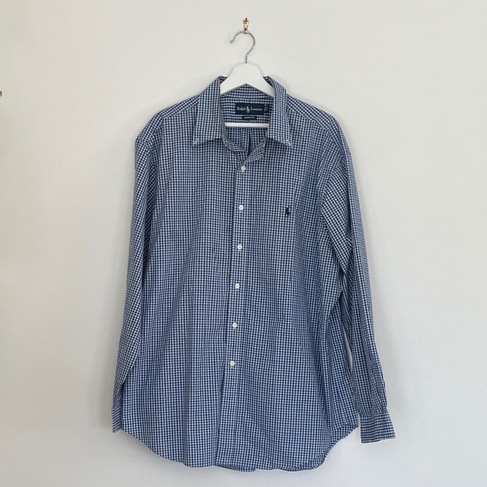 Ralph Lauren Mens Classic Fit Gingham Button Down Shirt Blue Size 17.5 34/35